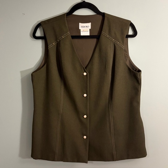 ⭐️ Vintage 1990’s Hiroko Oversized Olive Green Lined Vest With Pockets - PTP 21 - Picture 2 of 4
